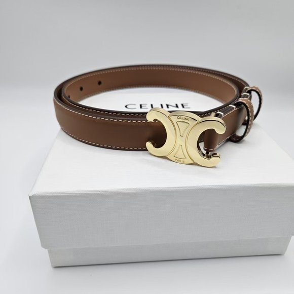 Celine brown leather belt with gold Triomphe buckle - Picture 1 of 7